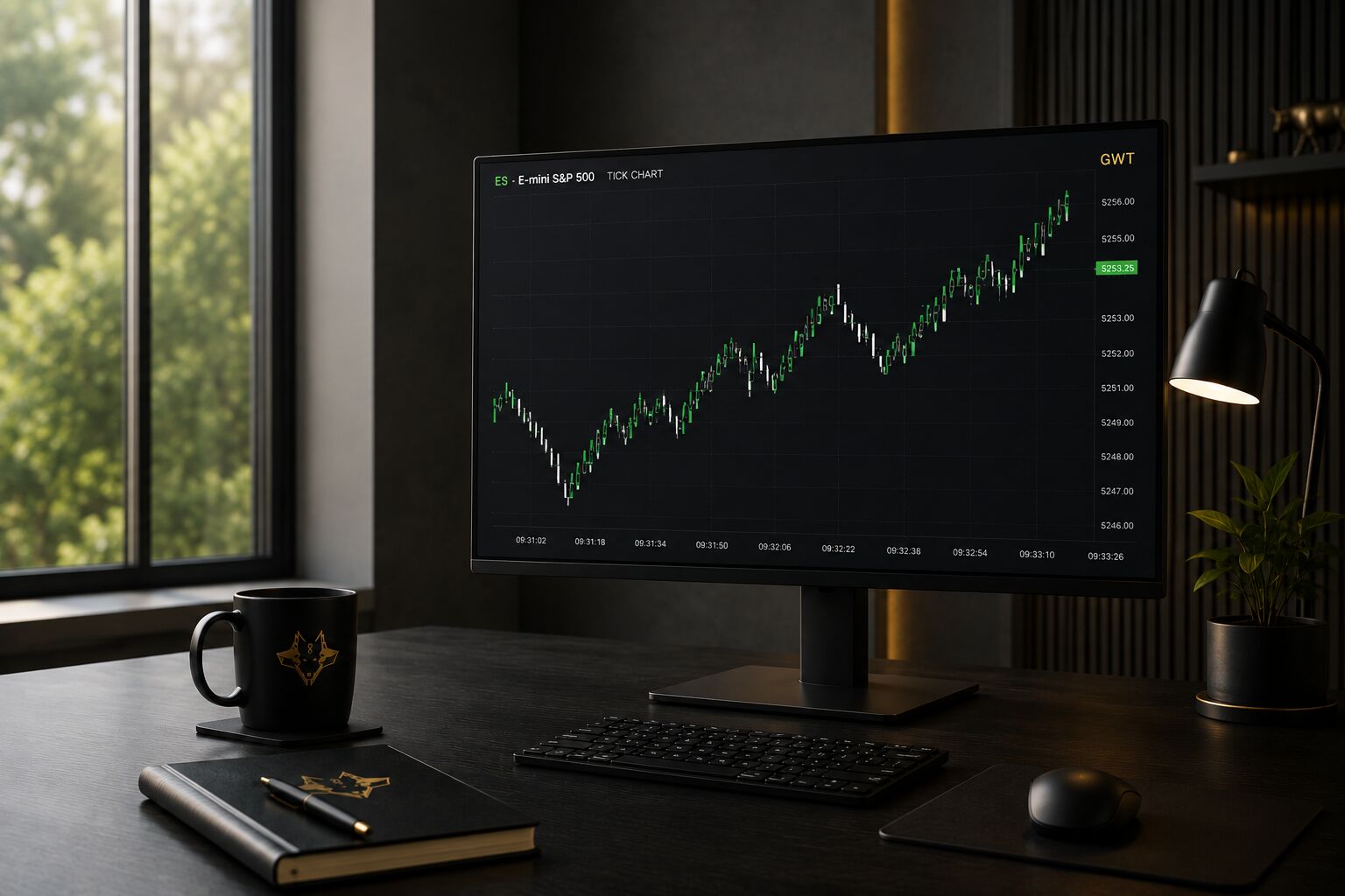 Estación de trading profesional con tres monitores mostrando análisis técnico